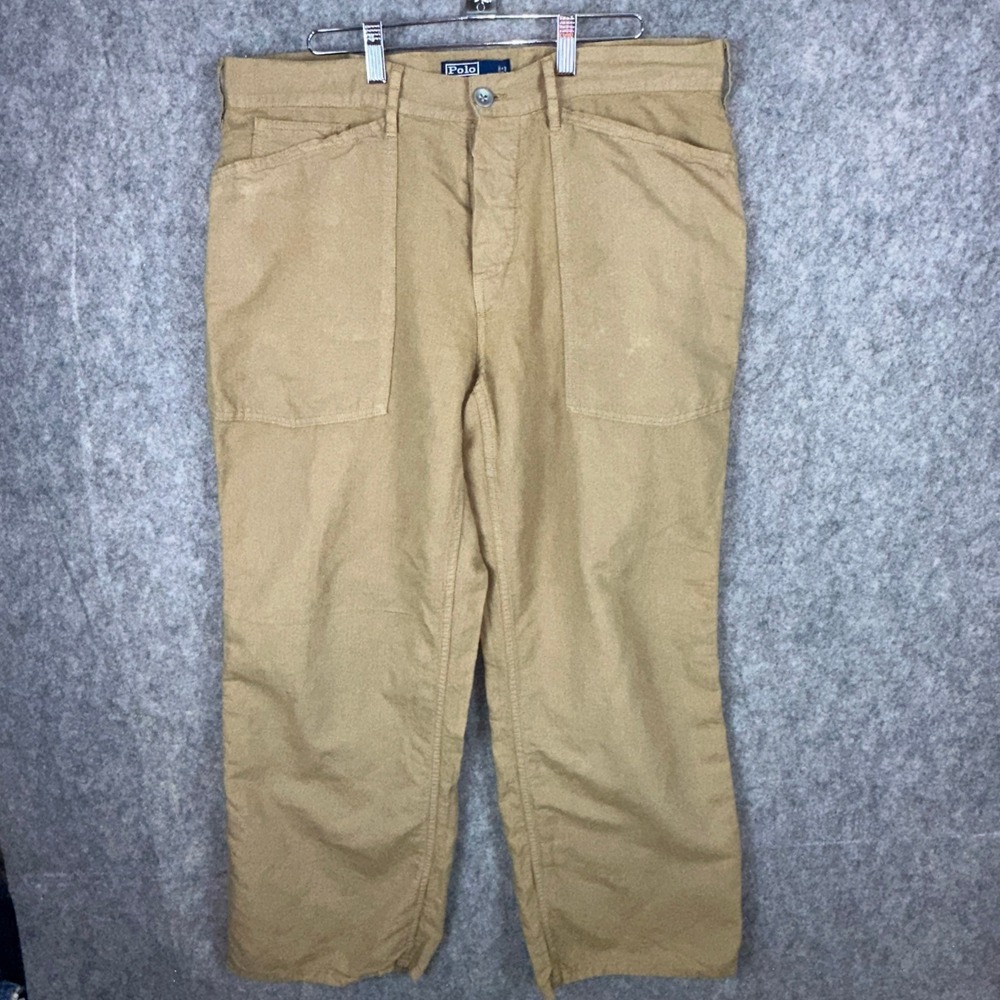 Polo Ralph Lauren Pants Mens 35/32 Tan Linen Cotton Cinch Back Button Fly Khaki